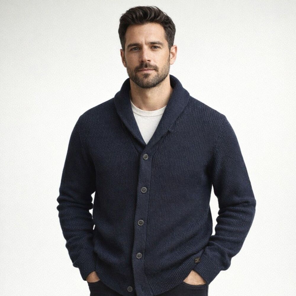 LOGG H&M Shawl Collar Cardigan Mens Sz L Navy 100% Cotton Chunky Grandpa Sweater